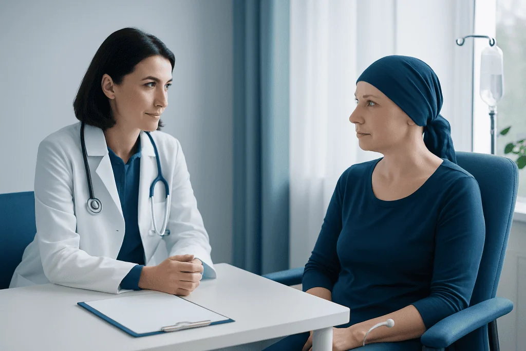 Doctor consulting with a patient in a hospital room.