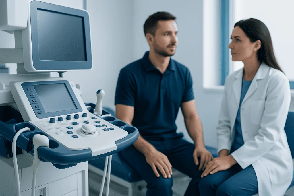 Doctor consulting with patient in a modern hospital room with ultrasound equipment.
