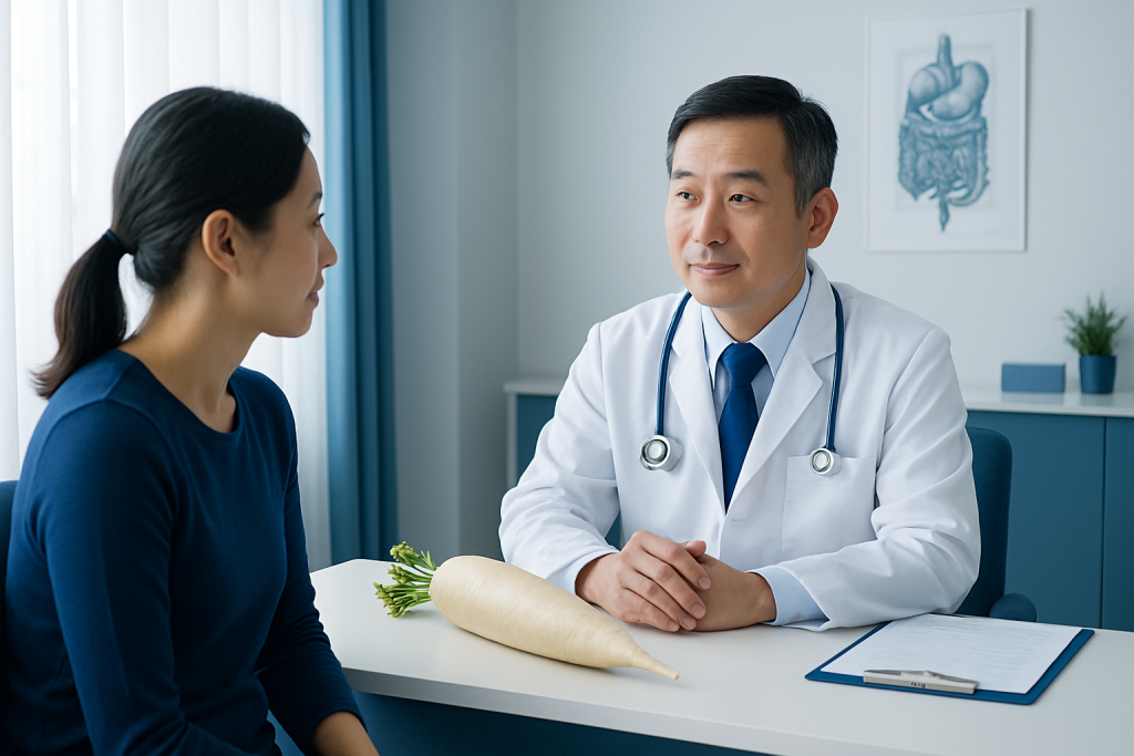 Doctor consulting with a patient about health in a medical office.