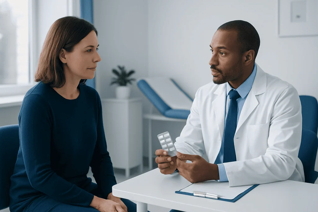 Doctor explaining medication to a woman in a consultation room.