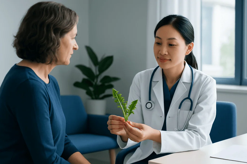 Doctor explaining benefits of dandelion leaves to a patient in a clinic setting.
