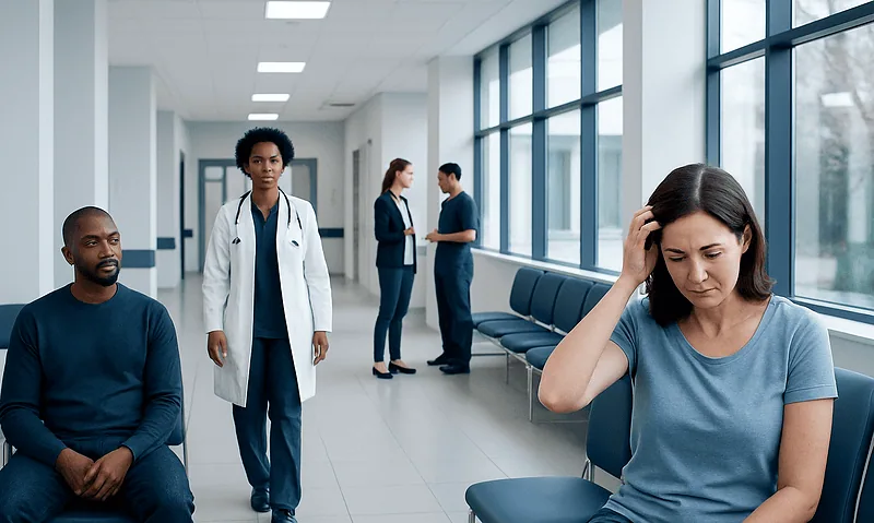 Patient experiencing headache in hospital waiting area with medical staff nearby.
