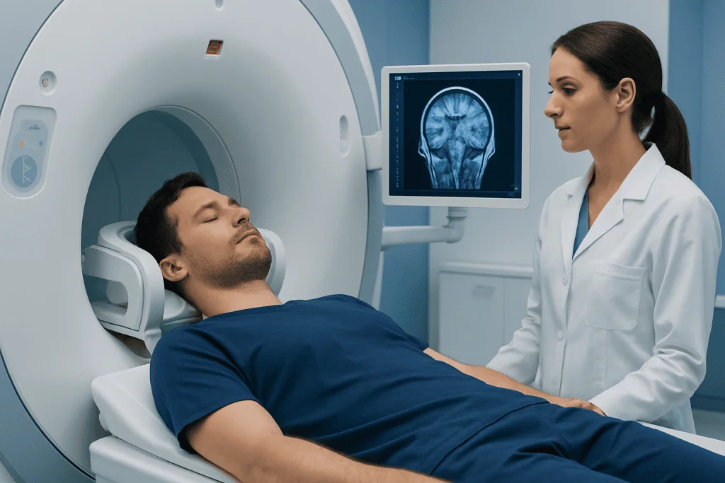 Patient undergoing MRI scan at Acibadem Hospital for neurological assessment.