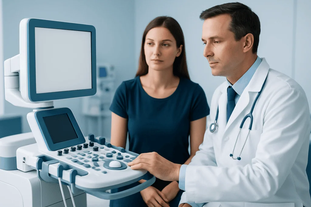 Doctor performing an ultrasound scan on a patient in a medical clinic.