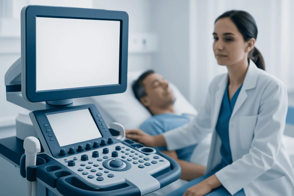 Medical professional performing ultrasound examination on patient in hospital.