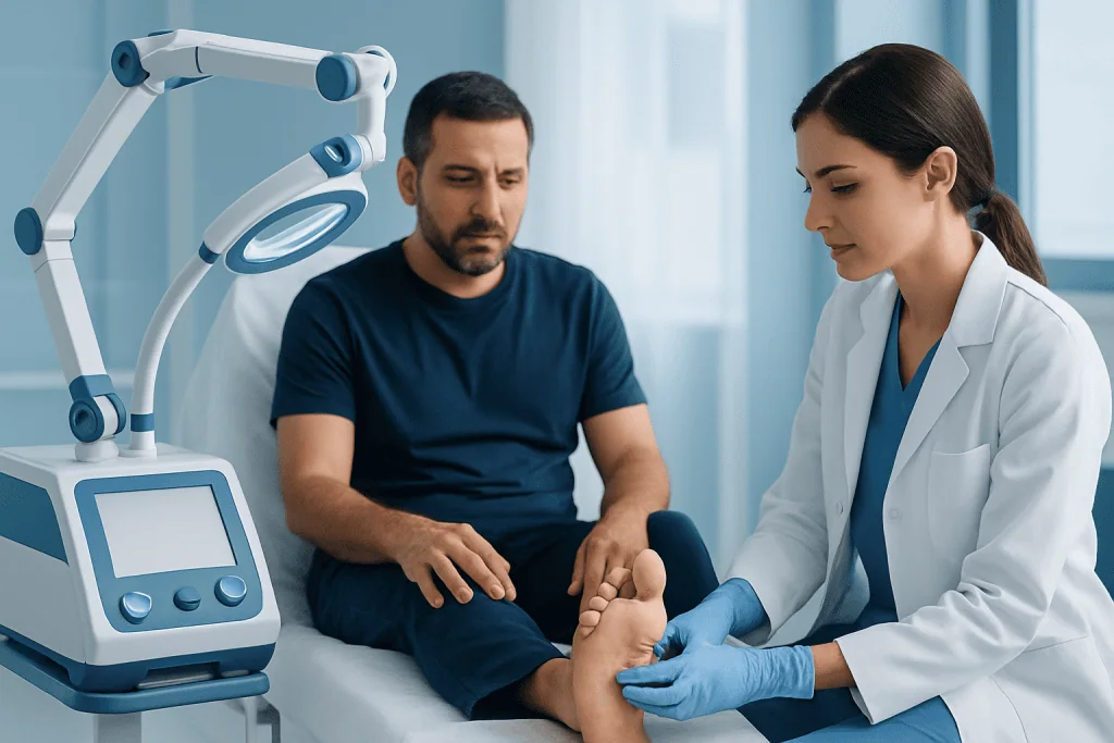 Doctor examining patient's foot in a medical clinic setting.
