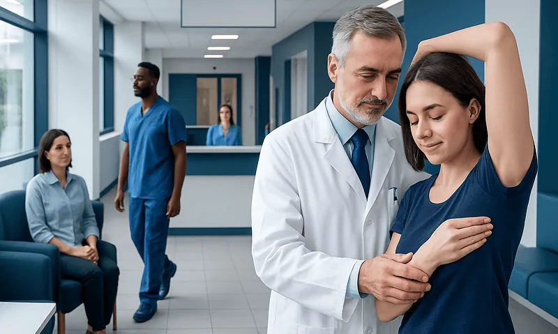 Doctor examining a patient's underarm in a hospital setting.