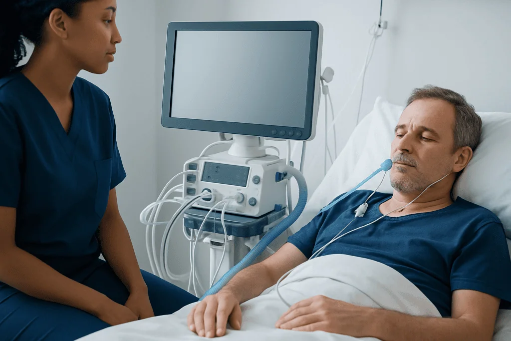 Patient in hospital bed undergoing medical examination with nurse present.