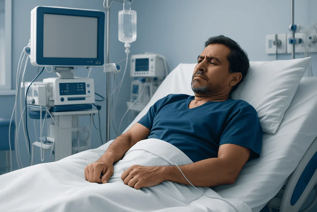 Patient resting in hospital bed with medical monitors and IV drip.