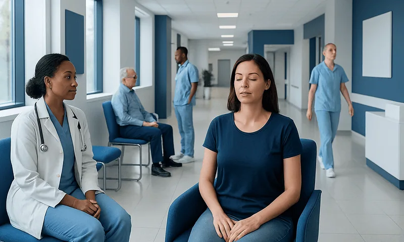 Patient practicing deep breathing in a hospital corridor for anxiety relief.