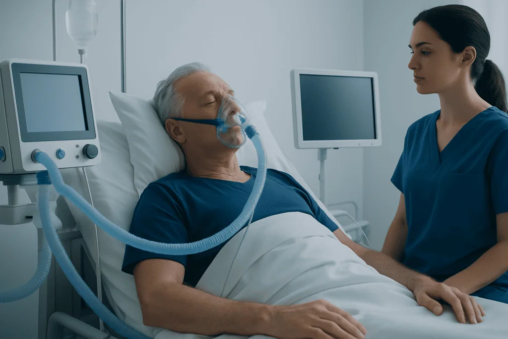 Hospital patient with CPAP machine receiving sleep therapy in ICU.