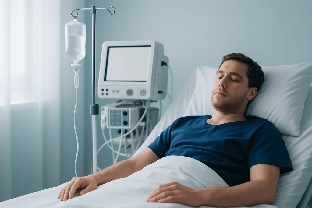 Patient resting in hospital bed with IV drip and medical monitor.