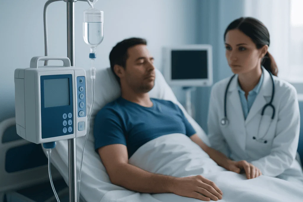 Hospital patient receiving IV treatment in a medical facility.