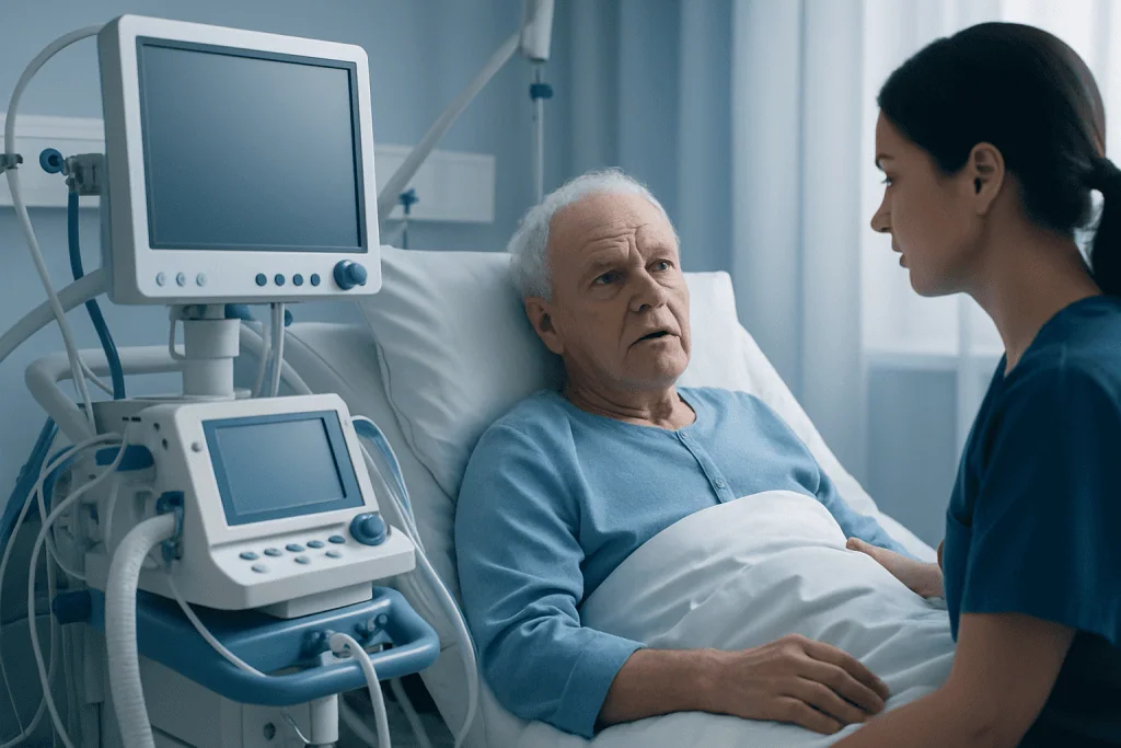 Hospital patient talking to a nurse in a medical room with monitors.