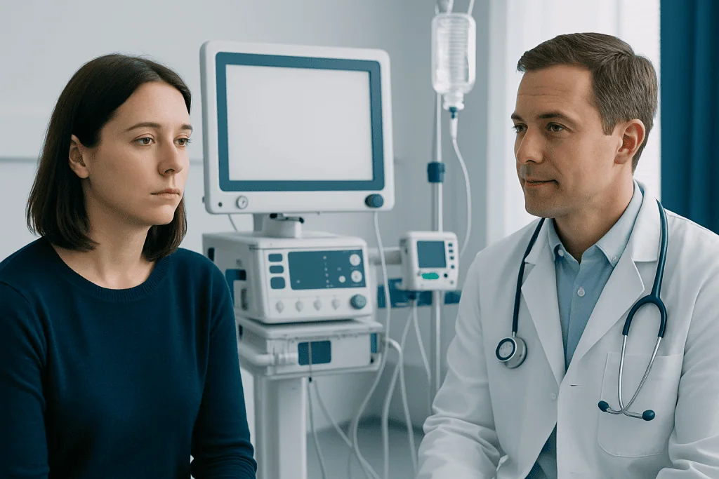 Doctor consulting with a female patient in a hospital room.