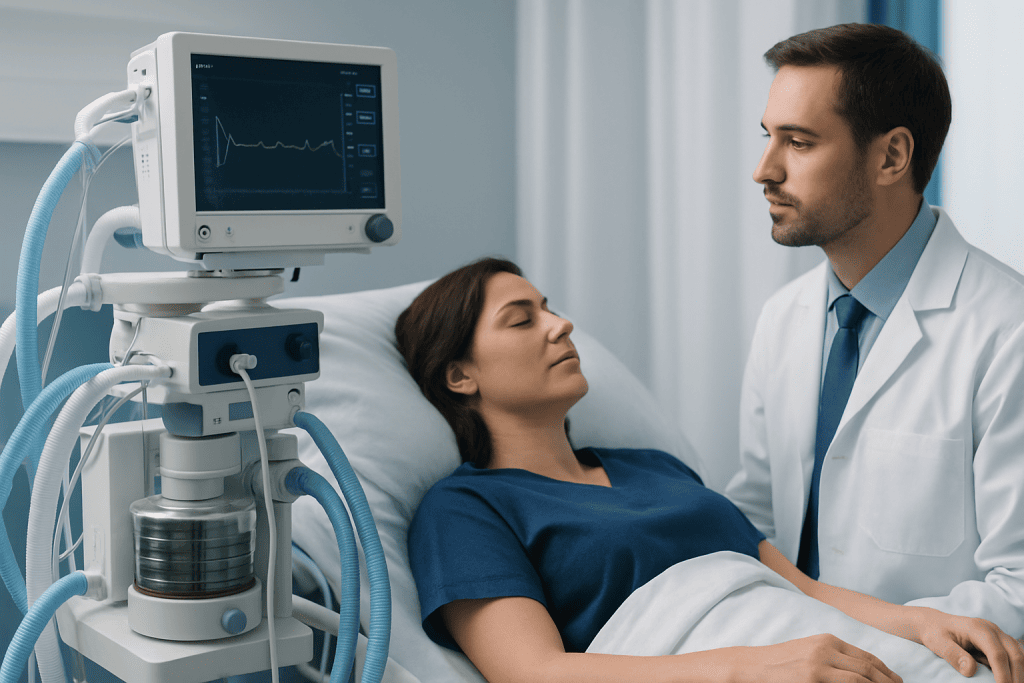 Doctor monitoring patient on ventilator in hospital room.