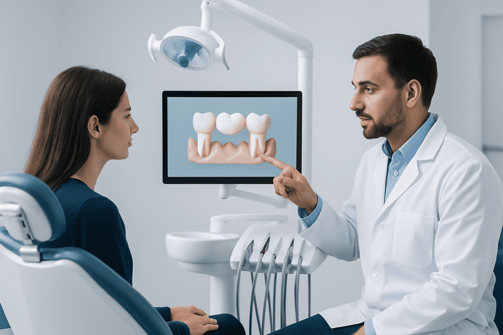 Dentist explaining dental bridge options to patient in clinic.