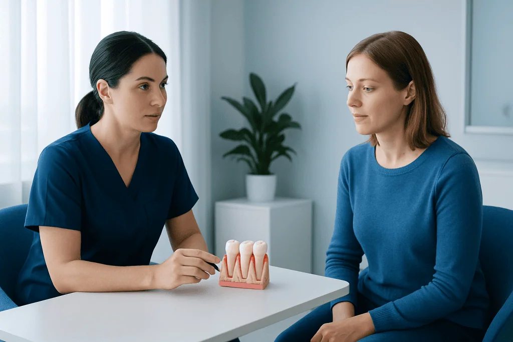 Dentist explaining dental health to patient with model of teeth.