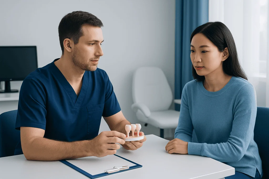 Dentist explaining dental bridge options to a patient in a clinic setting.