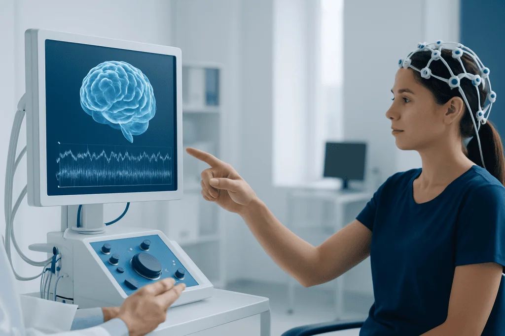 Medical professional analyzing brain scan on monitor at Acibadem Hospital.