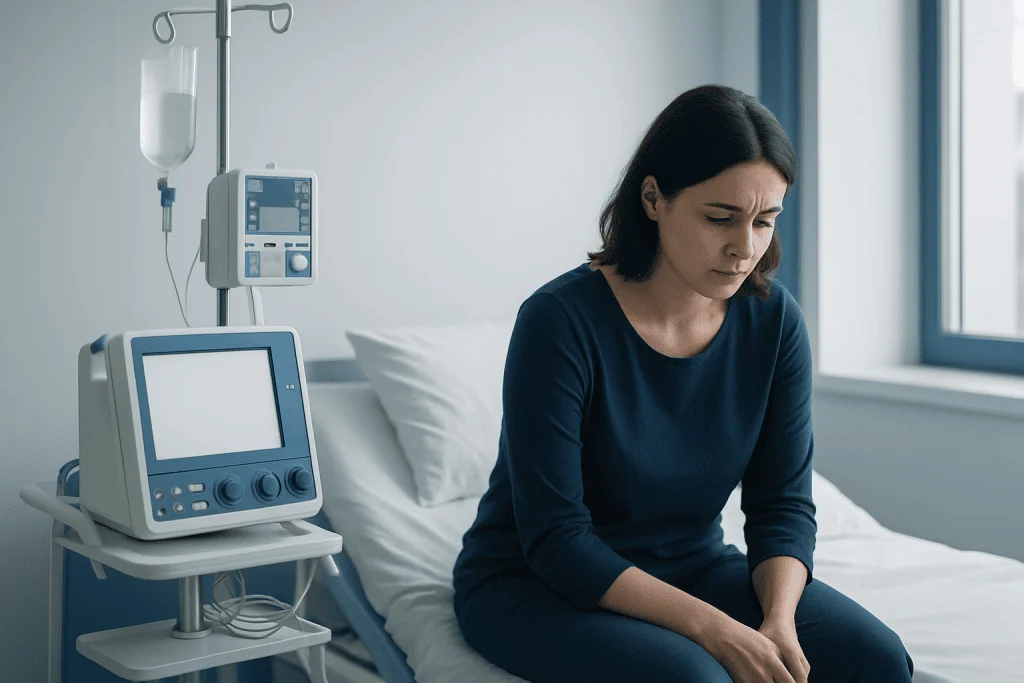 Woman sitting on hospital bed looking worried, medical equipment nearby.