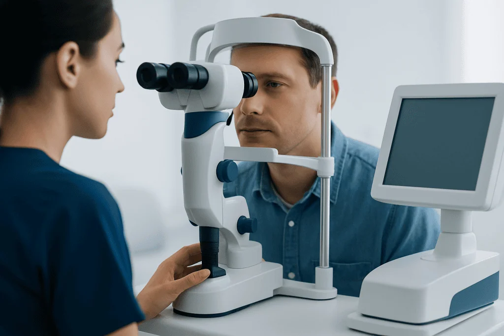 Optometrist performs eye examination using slit lamp at Acibadem Hospital.
