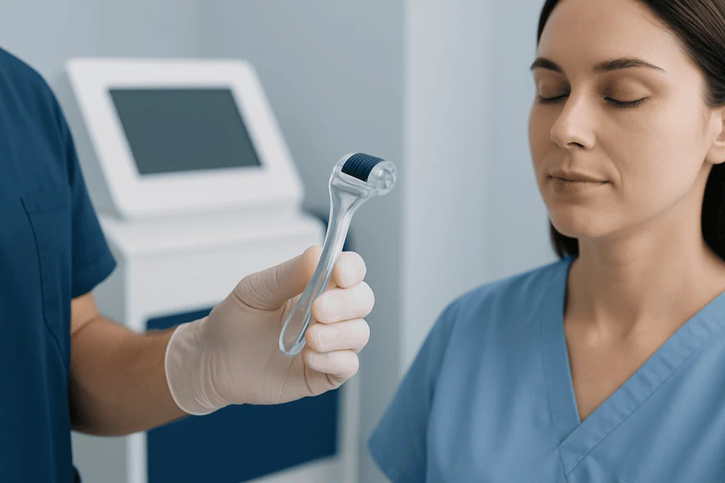 Dermatologist using a derma roller on a patient's face in a clinical setting.
