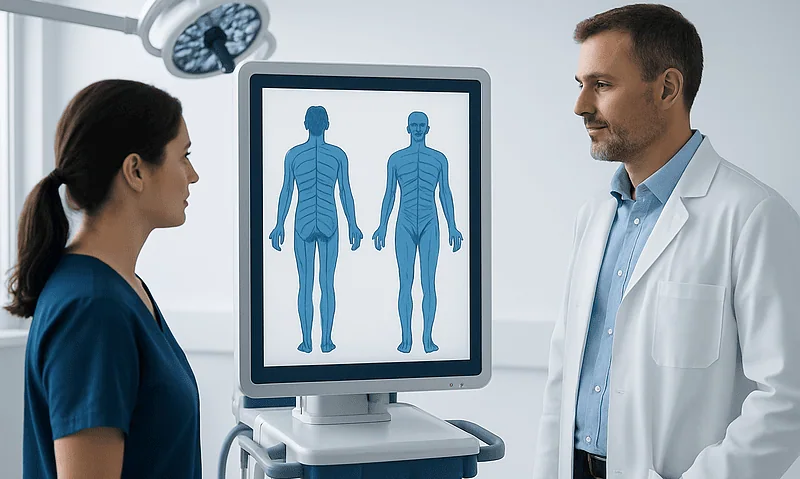 Doctor and nurse discussing dermatome map in medical setting.