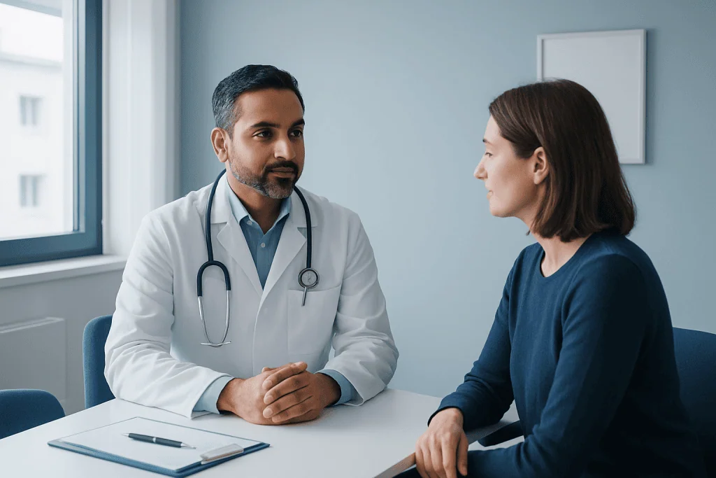 Doctor consulting with a female patient in a medical office.