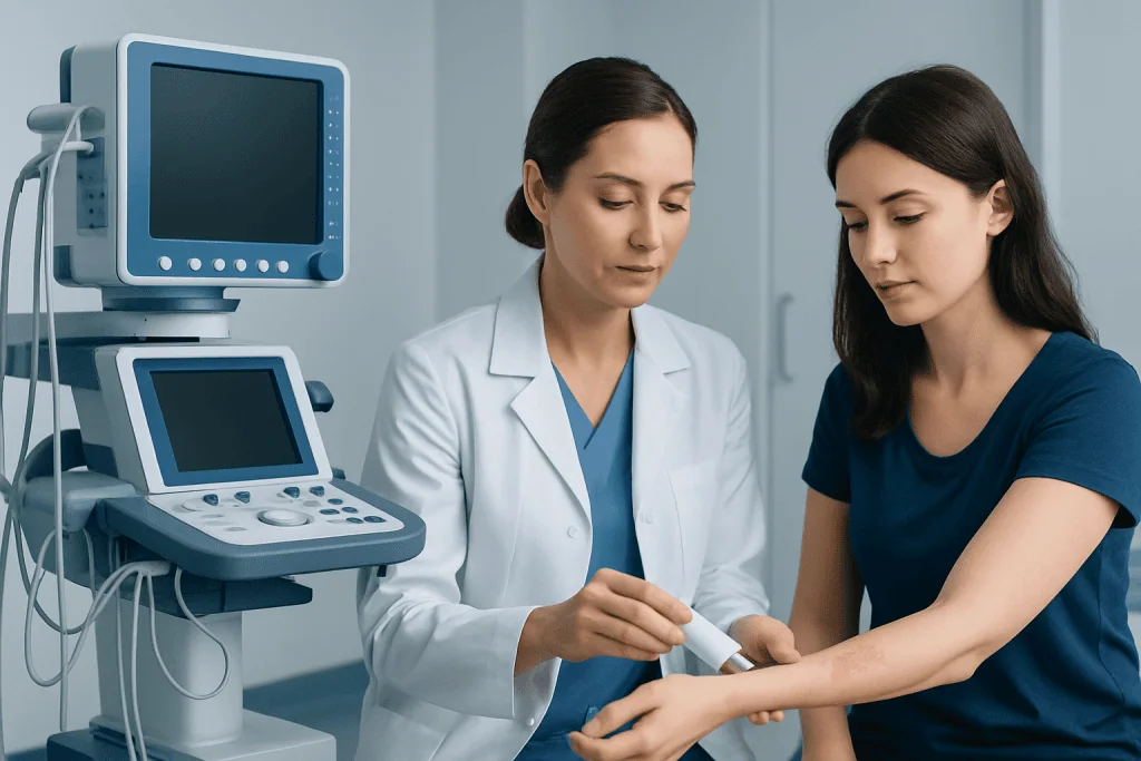 Doctor applying treatment to patient's arm in a clinical setting.