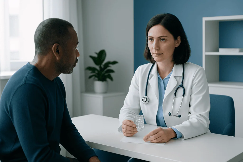Doctor consulting with a patient in a modern medical office.