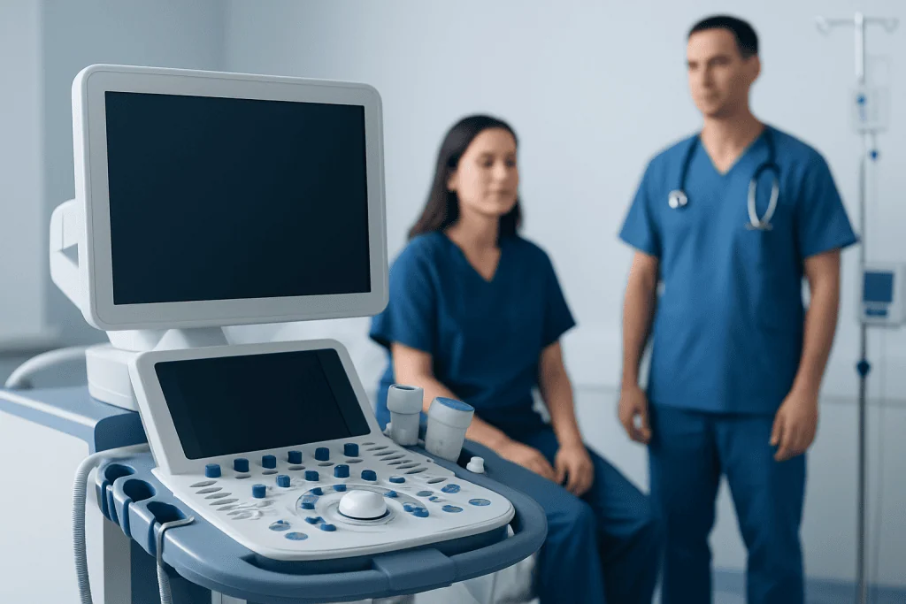 Medical ultrasound machine with healthcare professionals in background.