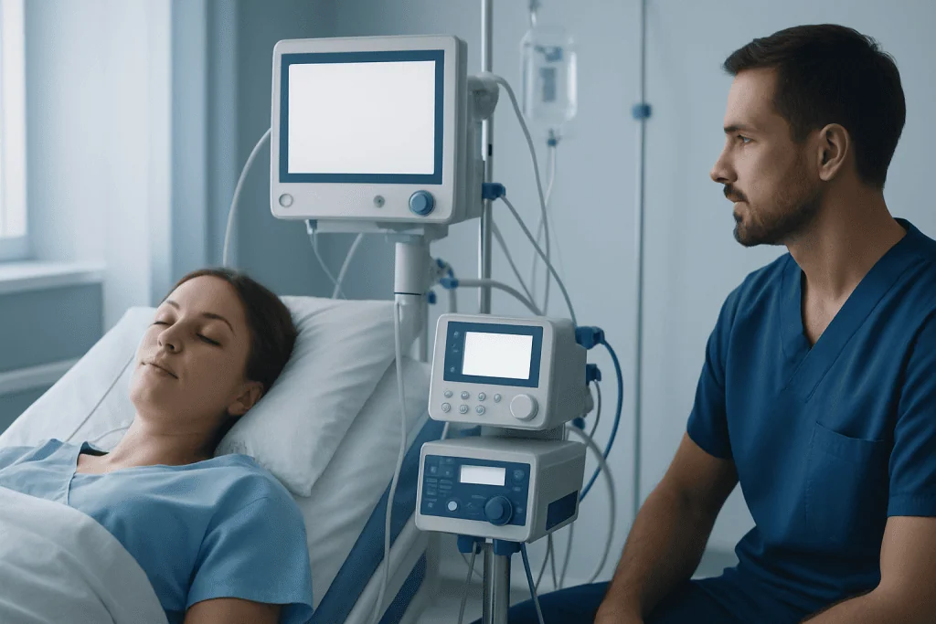 Patient in hospital bed connected to medical monitors in ICU.