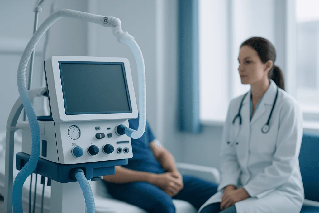 Medical ventilator machine in a hospital room with a doctor and patient.