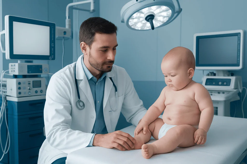 Pediatric doctor examining a baby in a hospital setting.