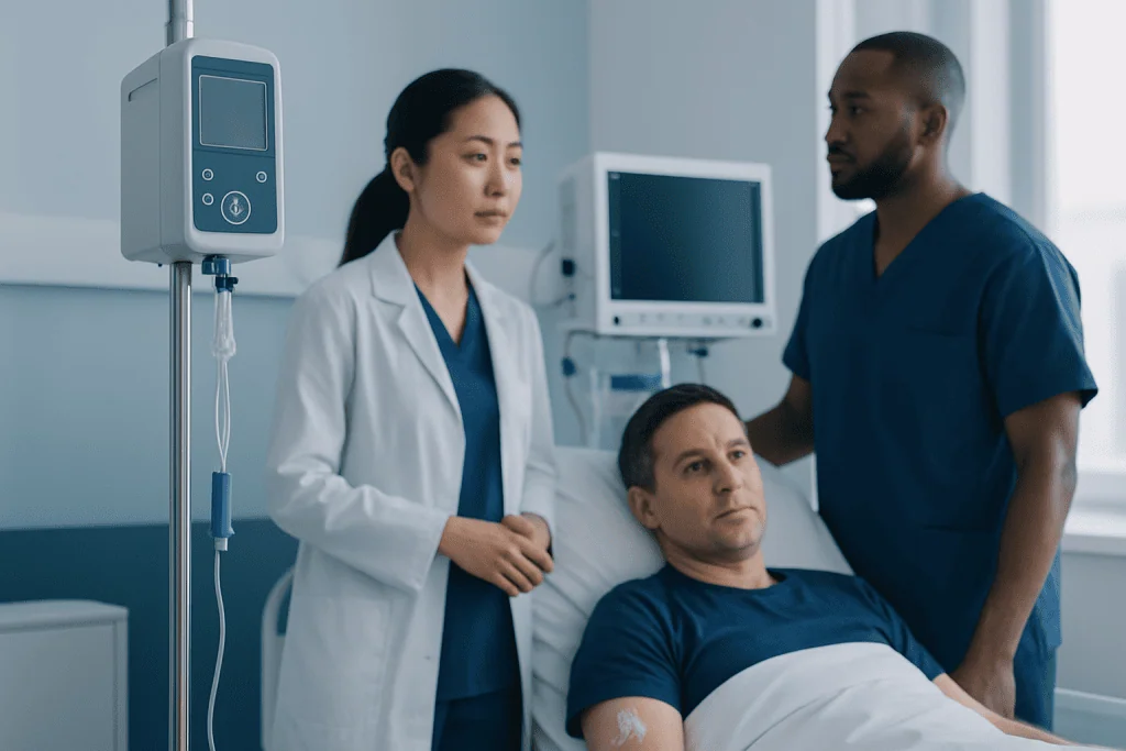 Medical team consulting a patient in hospital room with monitoring equipment.