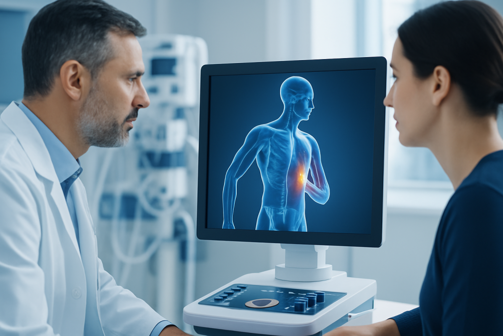 Doctor and patient discussing abdominal pain with medical imaging.