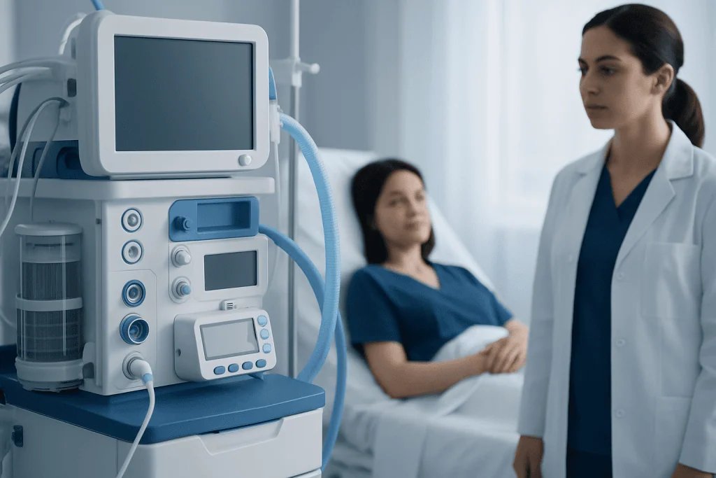 Hospital medical equipment with a patient and healthcare professional in background.