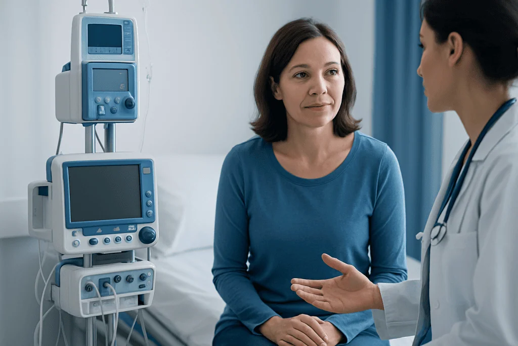 Patient consulting doctor in hospital room with medical monitors nearby.