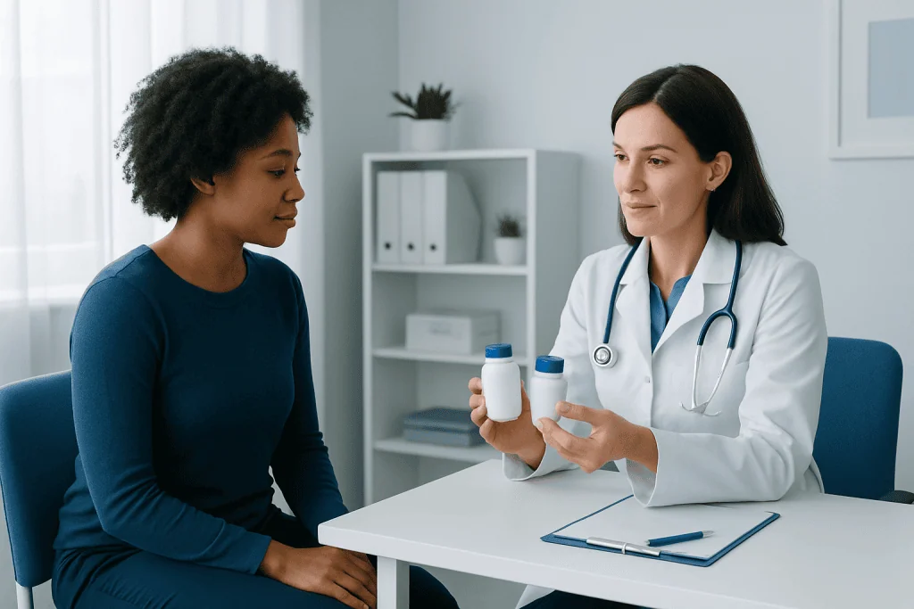 Doctor explaining medication to a patient in a clinic setting.