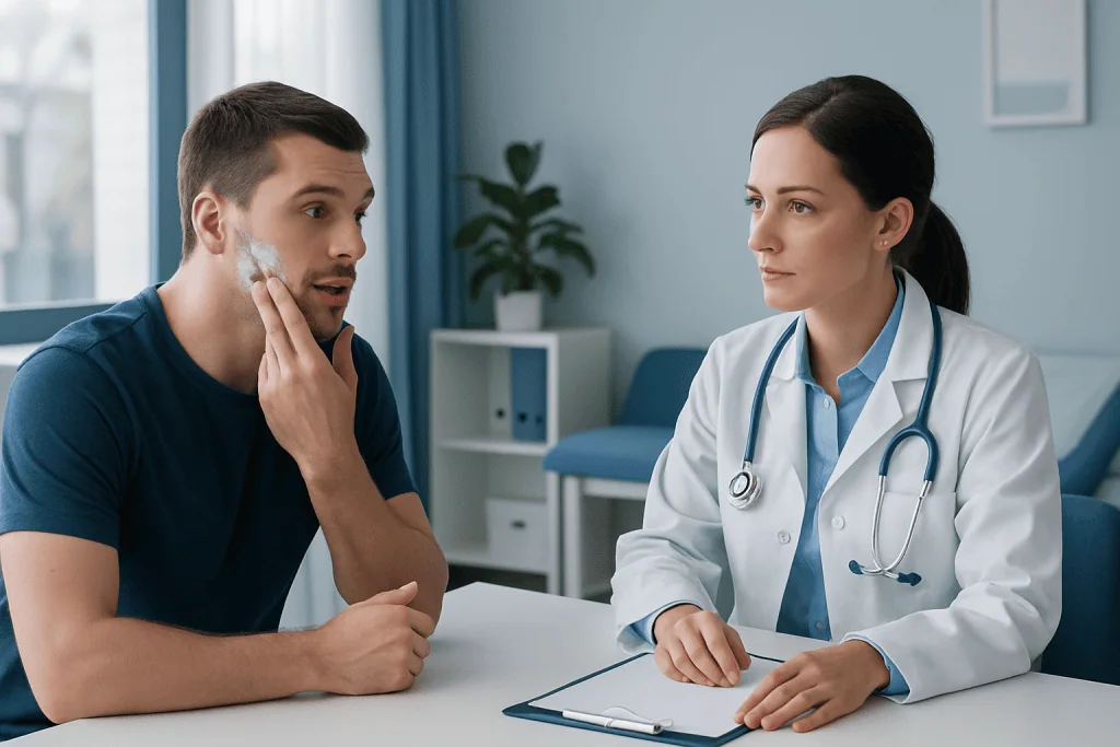 Doctor consulting male patient about skin or shaving issues in clinic setting.