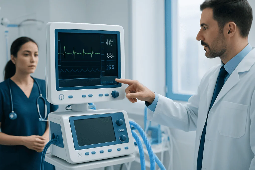 Doctor monitoring patient heart rate on medical equipment in hospital.