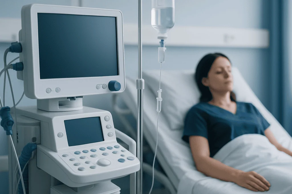 Patient in hospital bed connected to medical monitoring equipment.