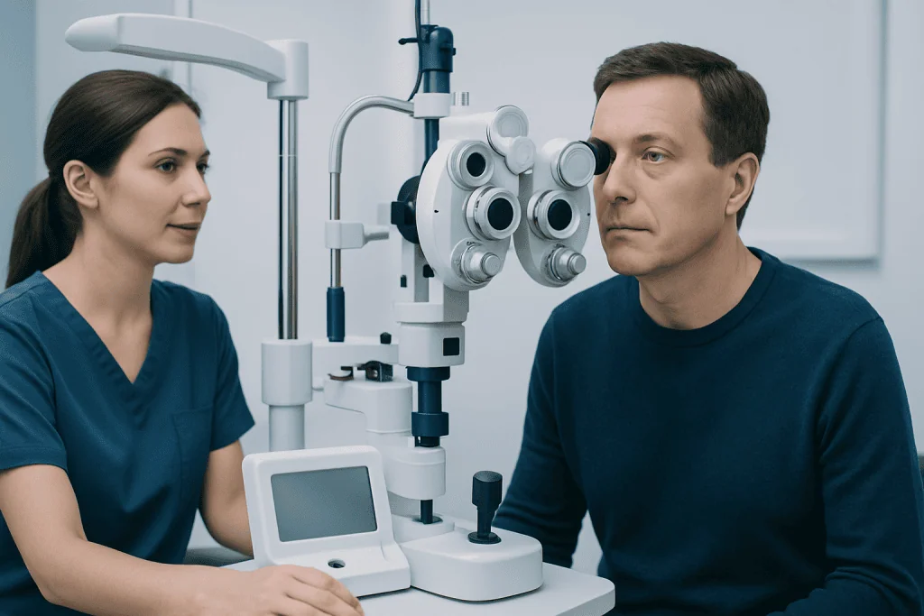 Optometrist performing eye examination with slit lamp at Acibadem Hospital.