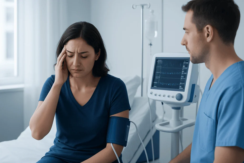 Patient experiencing headache during medical checkup at hospital.