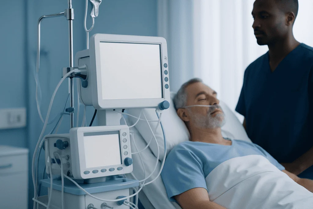 Patient in hospital bed connected to medical monitors and ventilator.