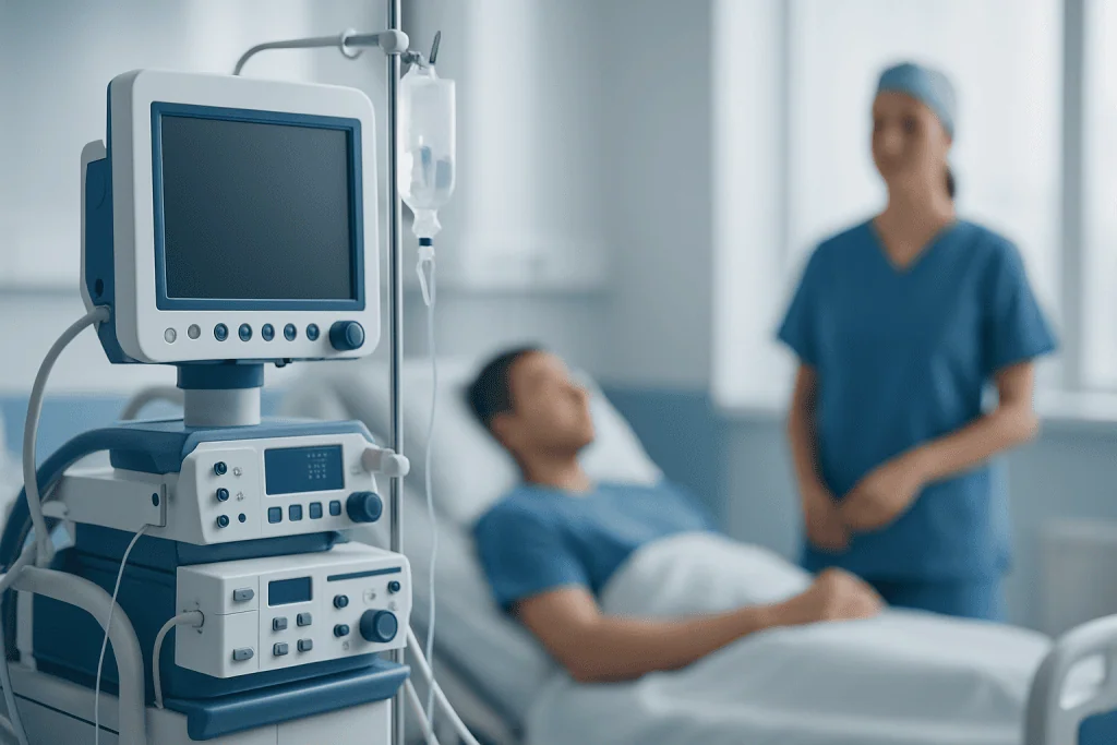 Hospital patient monitored with medical equipment in a clinical setting.