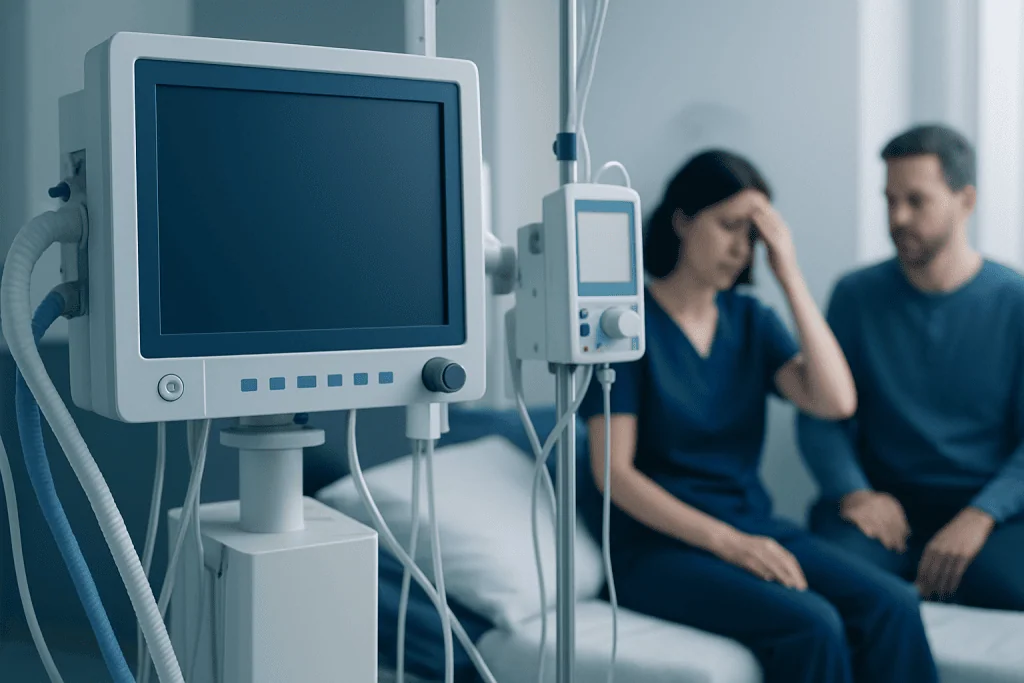 Patient in hospital bed with medical monitors and equipment nearby.