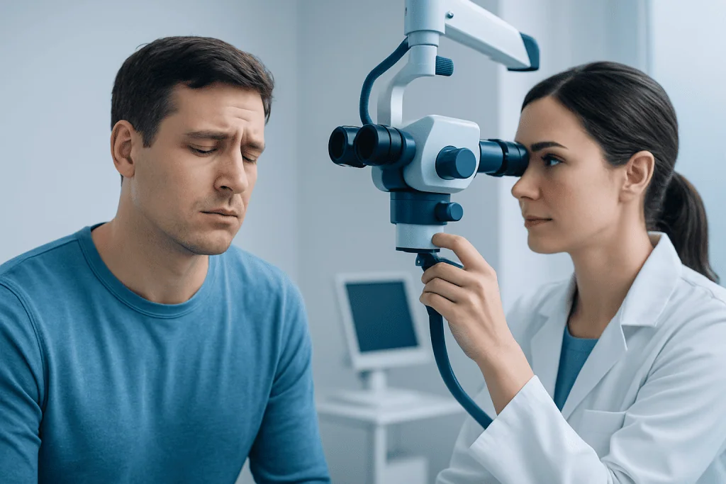 Ophthalmologist examines patient's eye with a slit lamp in a clinic.