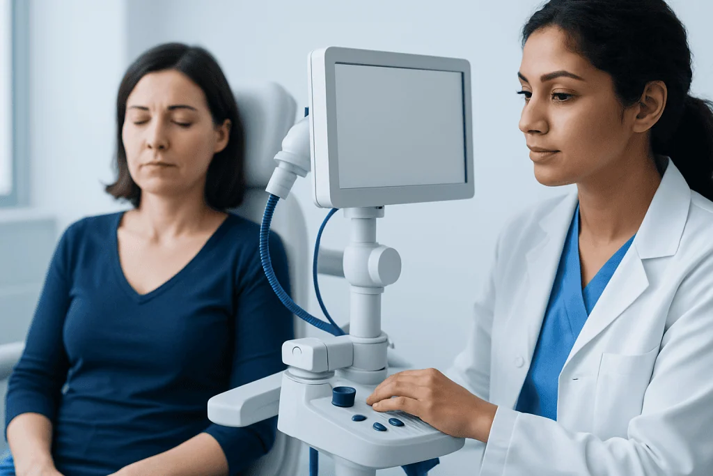 Medical professional conducting a dizziness test on a patient in a clinical setting.